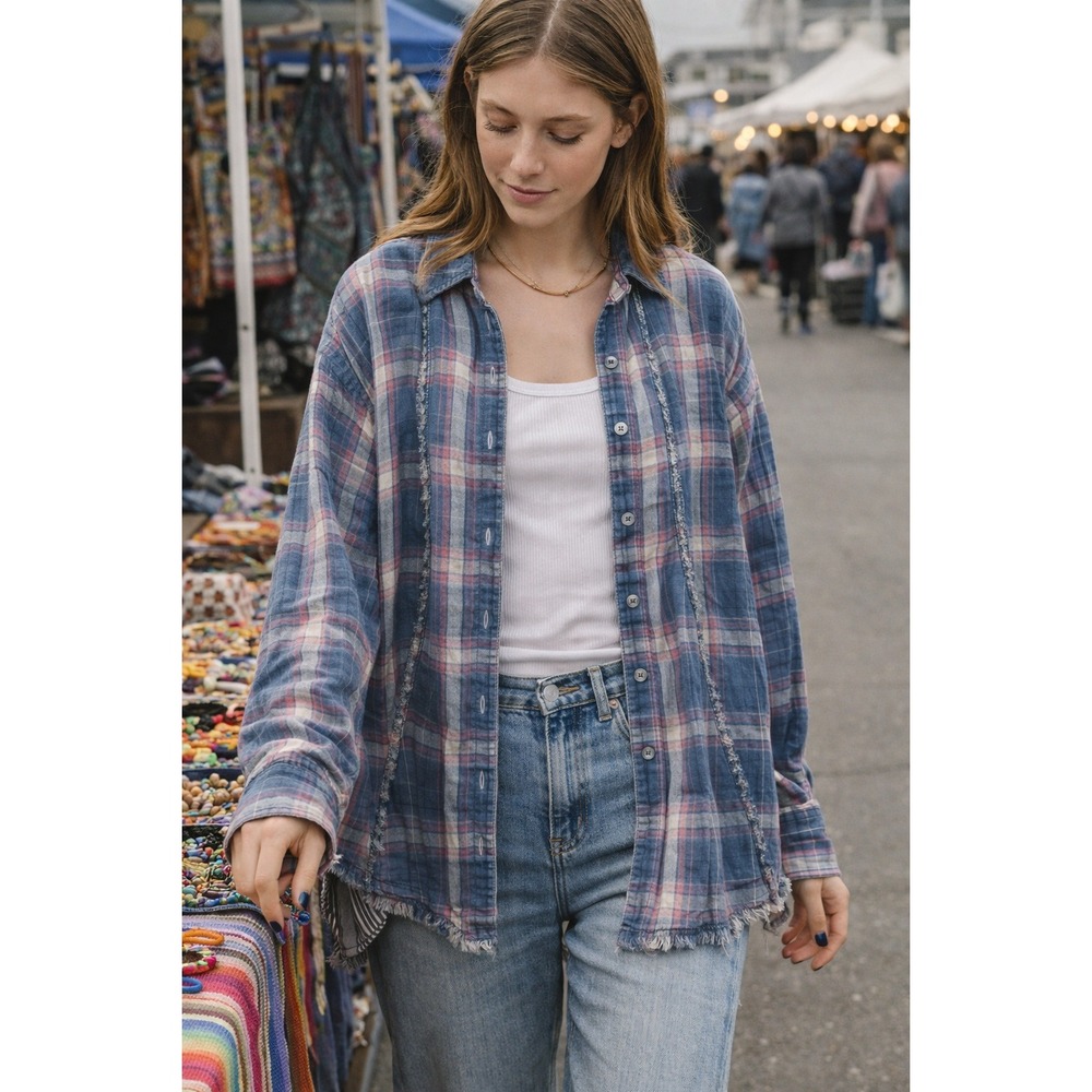 Free People Shirt Oversize Small Plaid Blue Pink  Boho Indie Sleaze Grunge